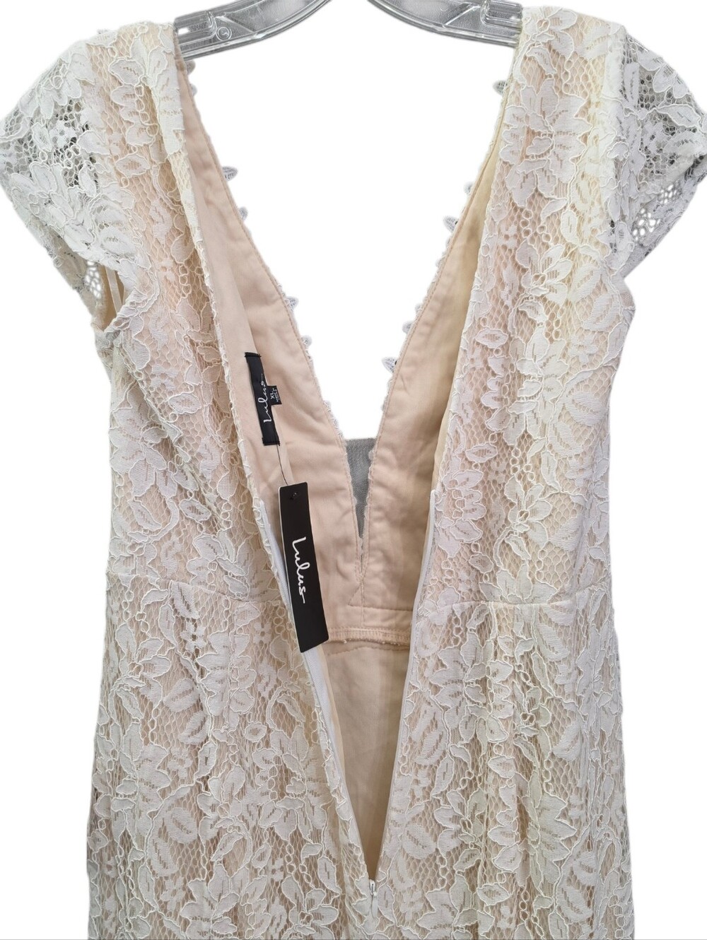Nwt Lulu's Icing On The Cake Cap Sleeve Deep V Ivory  Floral Lace Wedding Dress - Picture 14 of 17